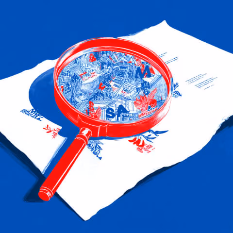 Magnifying glass examining a detailed city map, symbolizing market research, competitor analysis, audience targeting, and strategic campaign planning.