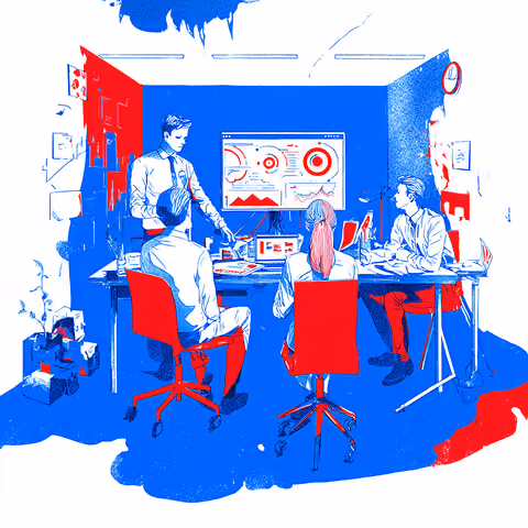 Marketing team gathered around analytics dashboards and performance reports, representing data-driven decision-making and collaborative campaign optimization.