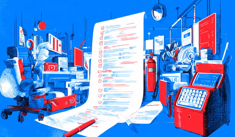 Detailed audit checklist surrounded by digital tools and reporting systems, illustrating agency evaluation processes, marketing audits, and performance assessments.