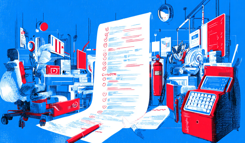 Detailed audit checklist surrounded by digital tools and reporting systems, illustrating agency evaluation processes, marketing audits, and performance assessments.