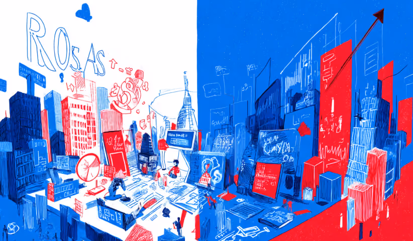 Conceptual cityscape built from marketing data, reports, and growth indicators, representing scalable business growth driven by strategic digital marketing efforts.