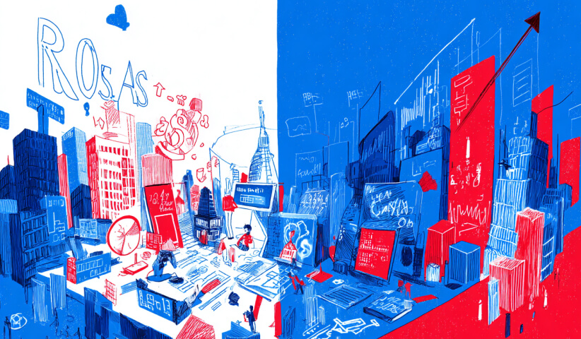 Conceptual cityscape built from marketing data, reports, and growth indicators, representing scalable business growth driven by strategic digital marketing efforts.