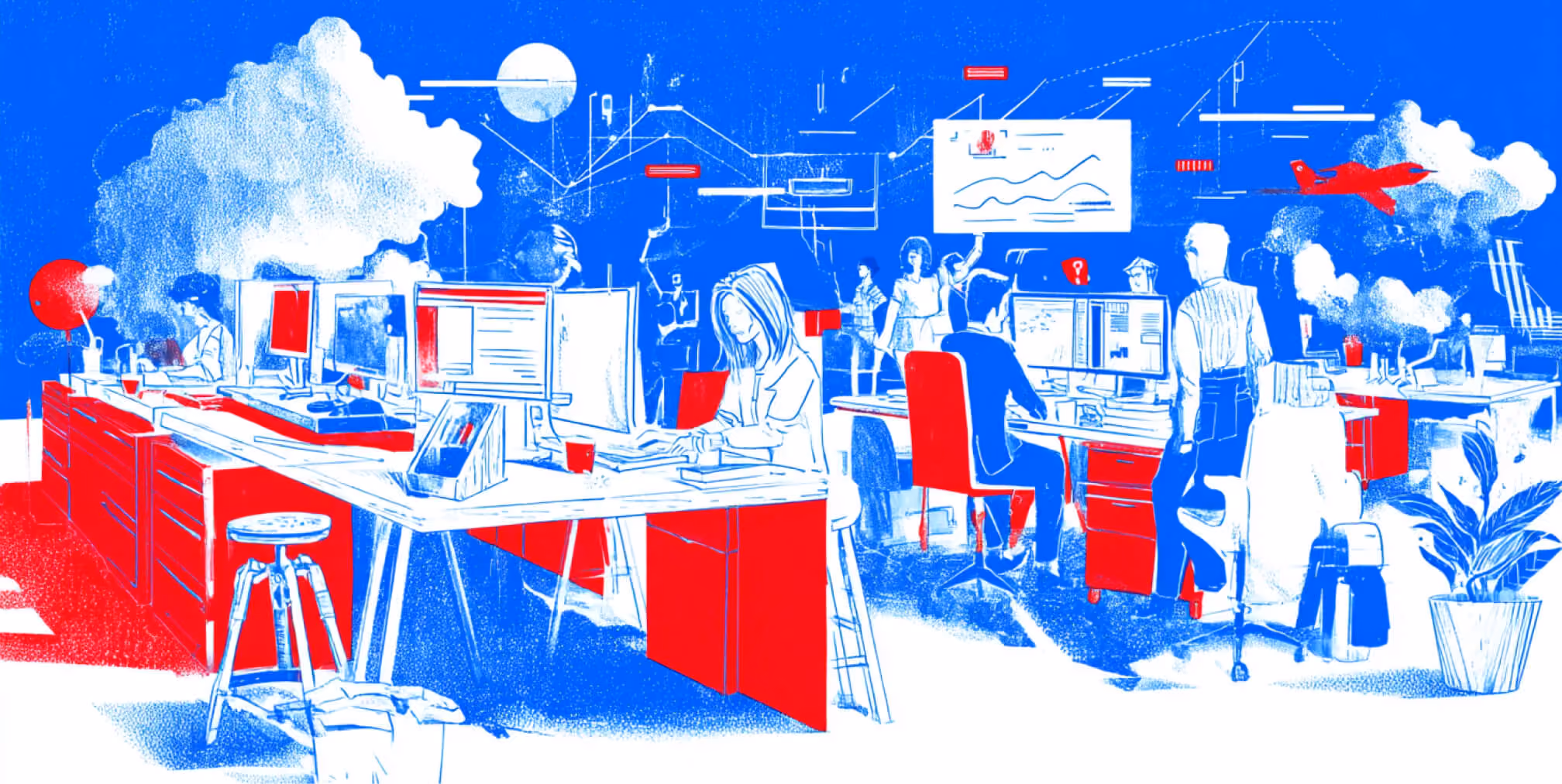 Busy marketing agency environment with teams analyzing data, managing campaigns, and coordinating digital strategies, representing the collaborative expertise of top marketing agencies.