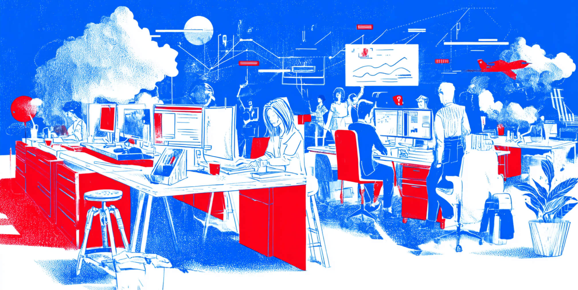 Busy marketing agency environment with teams analyzing data, managing campaigns, and coordinating digital strategies, representing the collaborative expertise of top marketing agencies.