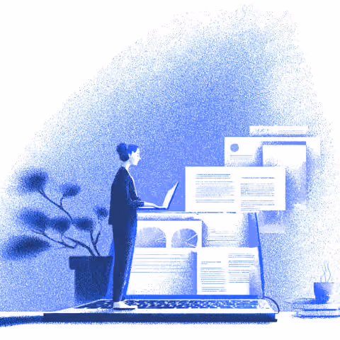 Business professional managing digital documents and reports across multiple screens, representing strategic planning, campaign coordination, and marketing execution