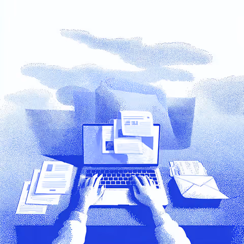 Professional working on a laptop while managing digital files and communications, symbolizing integrated marketing operations, content management, and campaign workflows.