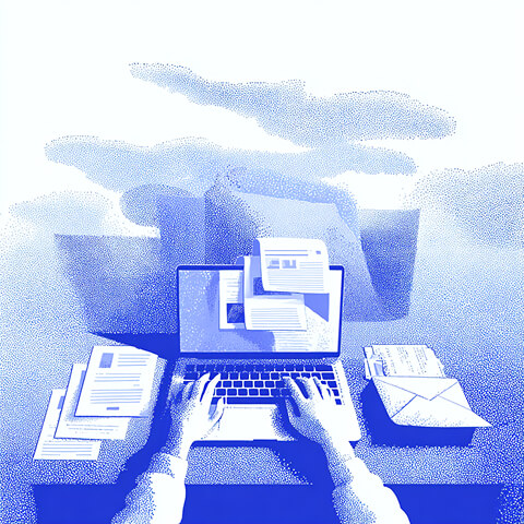 Professional working on a laptop while managing digital files and communications, symbolizing integrated marketing operations, content management, and campaign workflows.