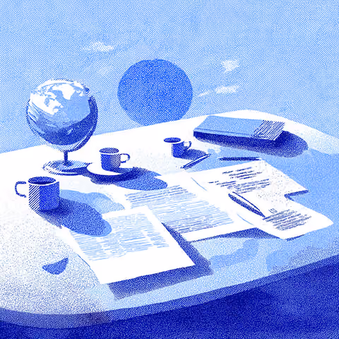 Meeting table with reports, notebooks, and a globe, illustrating collaborative marketing strategy sessions, business planning, and market expansion discussions.