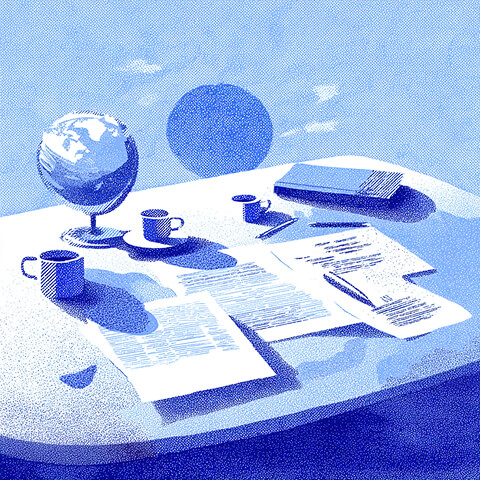 Meeting table with reports, notebooks, and a globe, illustrating collaborative marketing strategy sessions, business planning, and market expansion discussions.