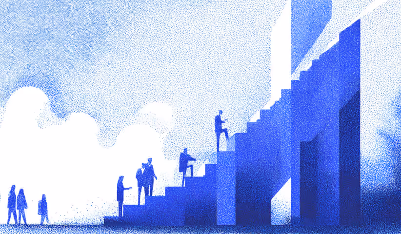 People ascending a large staircase toward higher levels, symbolizing business growth, scalable marketing strategies, and long-term success through expert guidance.