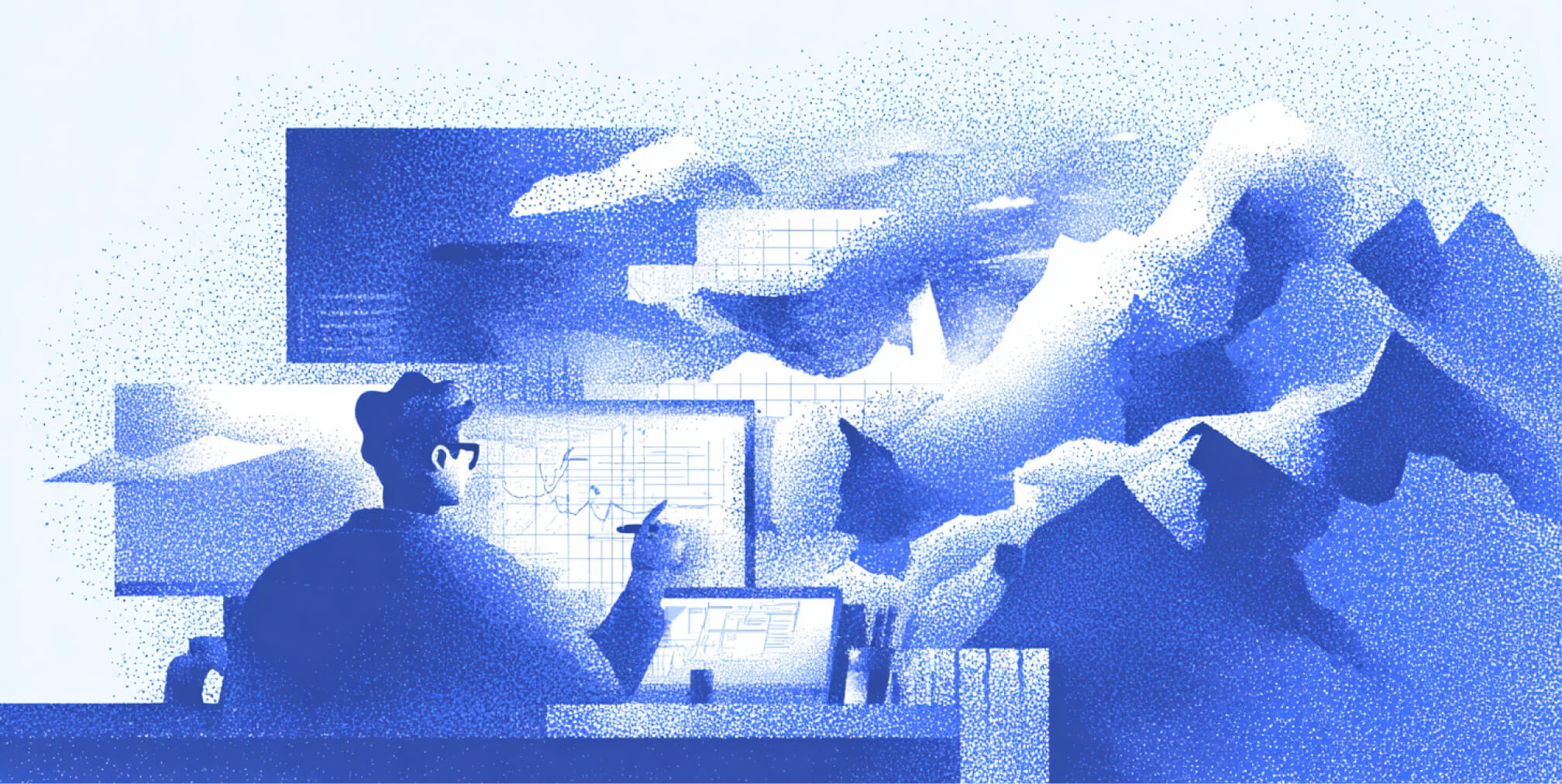 Marketing strategist analyzing data visualizations against a dynamic landscape, illustrating strategic planning, trend forecasting, and market opportunity identification.