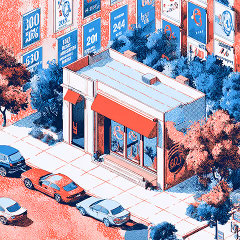 Retail storefront surrounded by advertising displays and promotional messaging, symbolizing brand awareness campaigns, local advertising, and customer acquisition strategies.