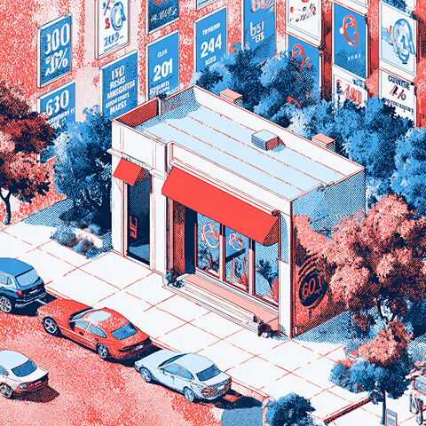 Retail storefront surrounded by advertising displays and promotional messaging, symbolizing brand awareness campaigns, local advertising, and customer acquisition strategies.