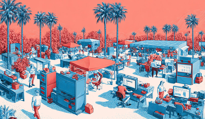 Large outdoor workspace with teams operating across multiple stations, symbolizing collaborative marketing campaigns, project execution, and scalable business operations.