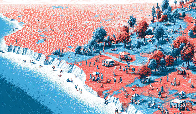 Elevated view of a busy coastal community with residents and visitors gathering, representing audience engagement, local events, and community-driven marketing initiatives.