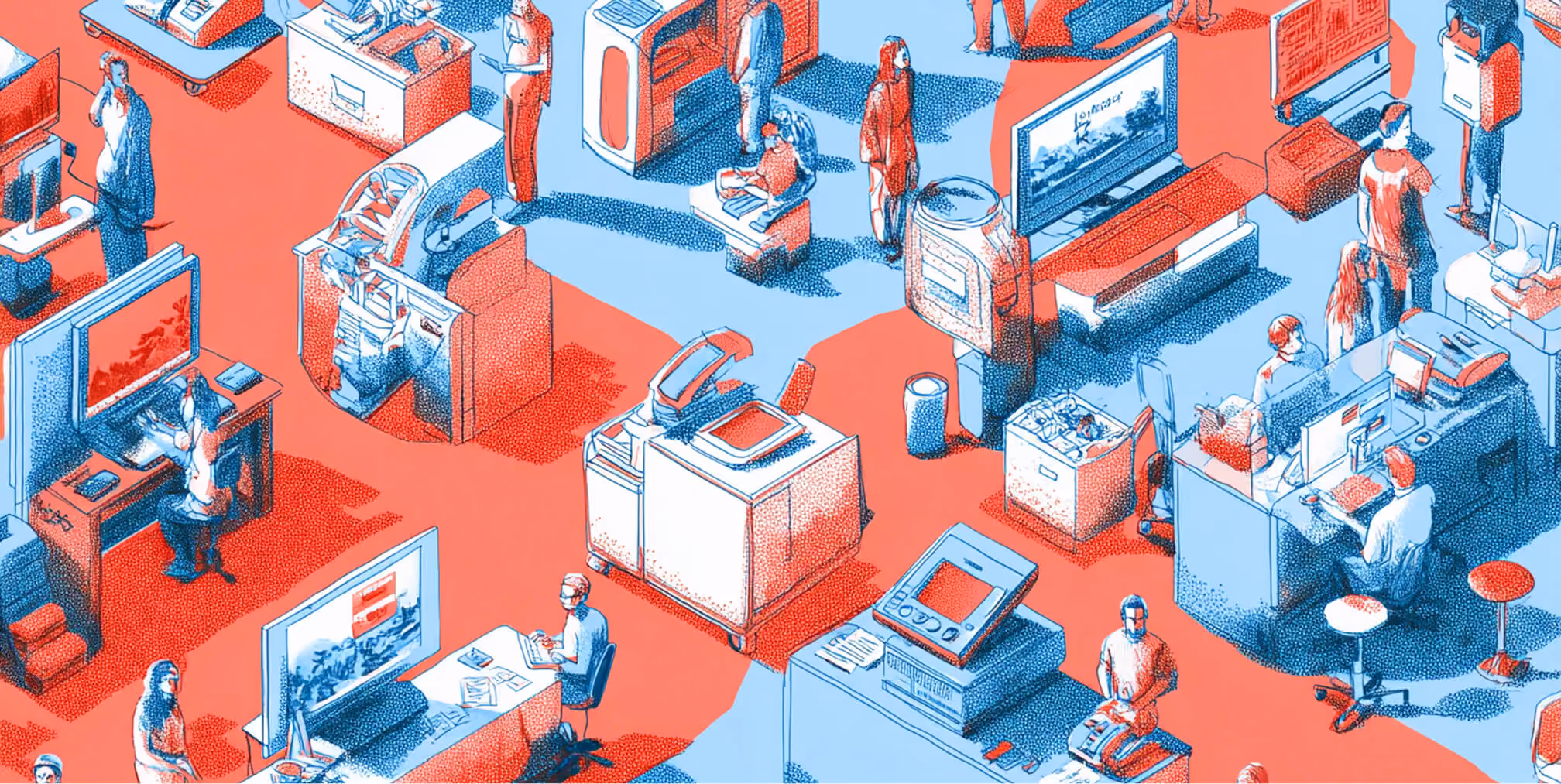 Business professionals working across technology stations and office environments, illustrating multi-channel marketing operations, digital transformation, and organizational efficiency.