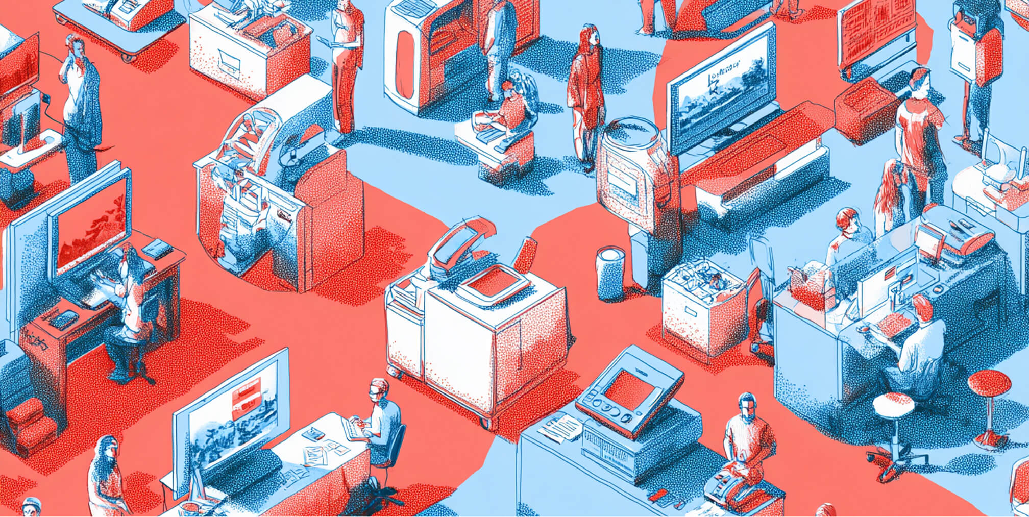 Business professionals working across technology stations and office environments, illustrating multi-channel marketing operations, digital transformation, and organizational efficiency.