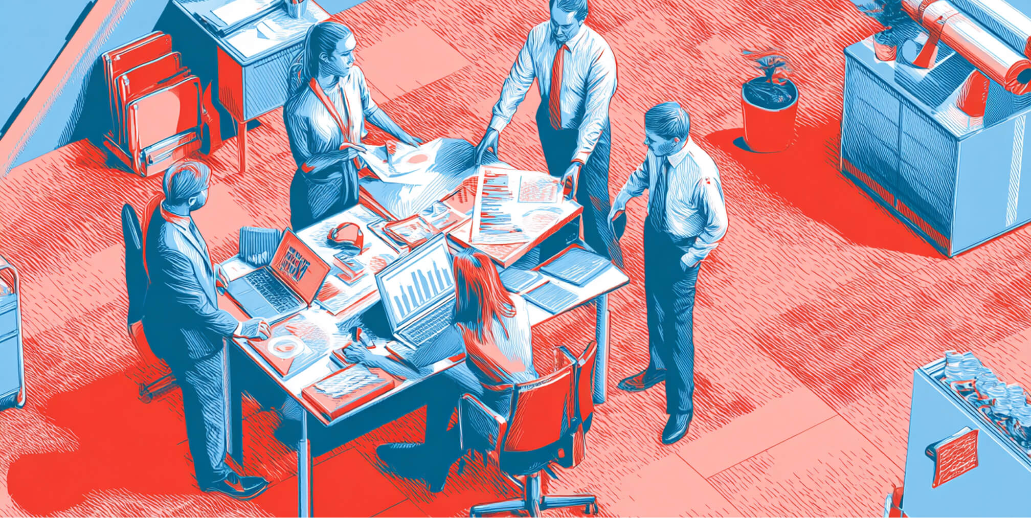 Marketing team reviewing campaign materials, analytics, and business reports around a shared workspace, representing strategic planning, performance analysis, and collaborative decision-making.