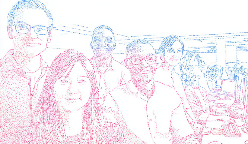Diverse team members gathered in an office environment, representing company culture, employee engagement, and the human side of B2B brand building.
