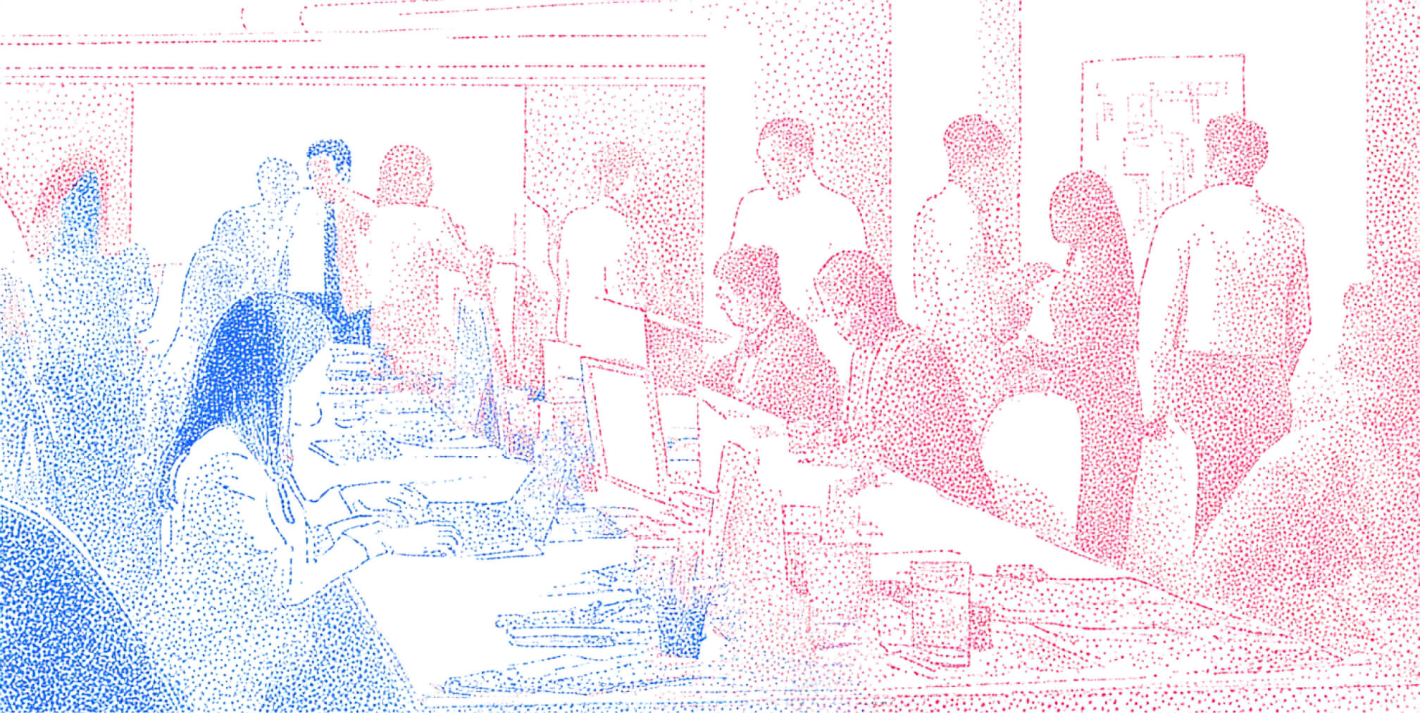 Collaborative office workspace with employees meeting, communicating, and working across teams, illustrating cross-functional alignment and integrated brand management.