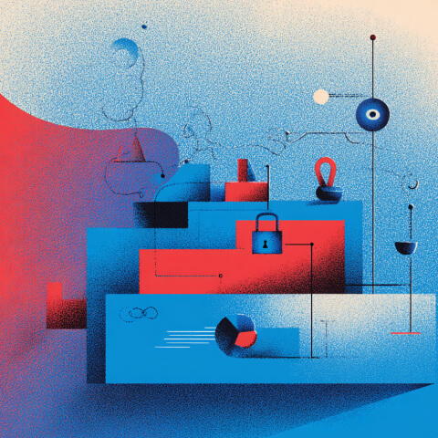 Abstract system of connected shapes, locks, and pathways illustrating website architecture, legal compliance frameworks, data protection, and structured digital design.