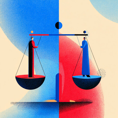 Balanced scales with two figures standing on opposite sides, representing fairness, accessibility compliance, and the need to create equitable digital experiences for all users.
