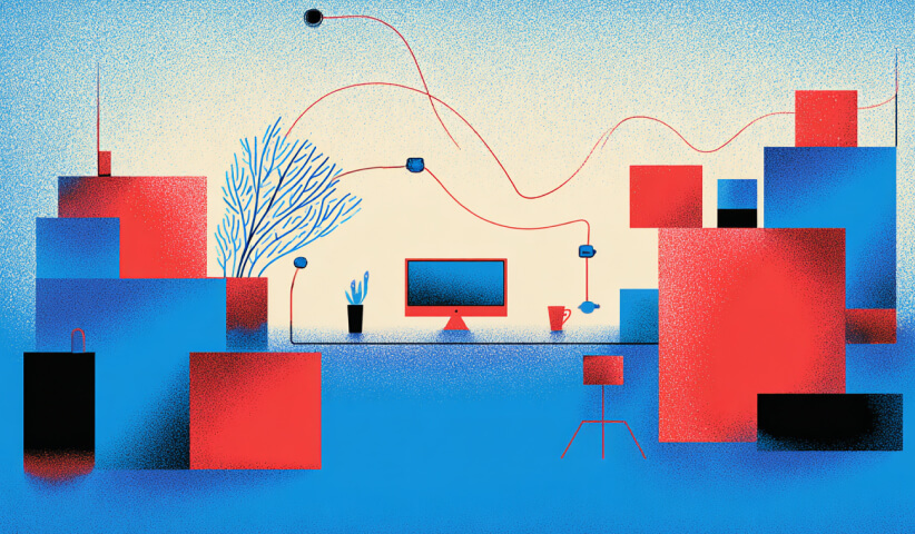 Abstract digital workspace connected by flowing lines and geometric structures, illustrating website ecosystems, user journeys, and interconnected design systems.
