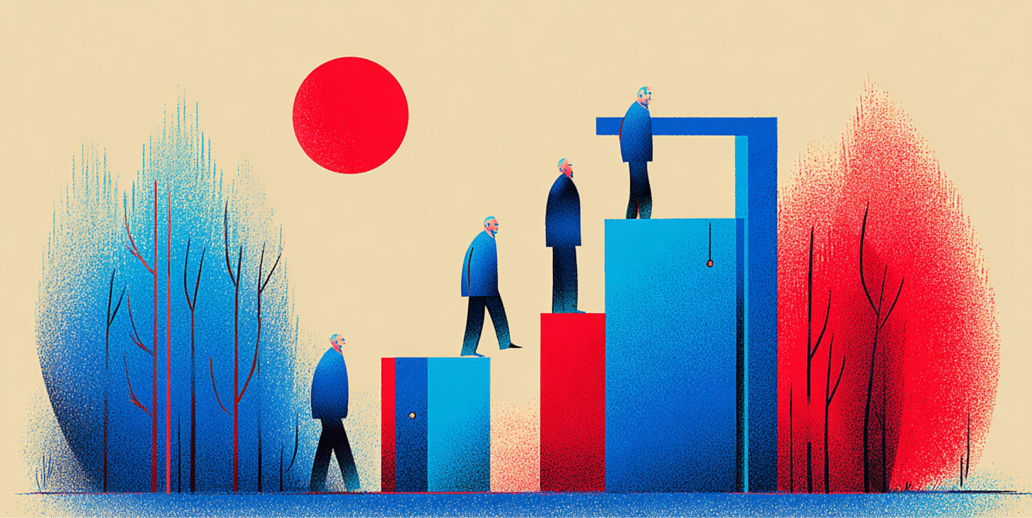 Professionals ascending a series of structured platforms, illustrating continuous website improvement, compliance maturity, UX optimization, and long-term digital growth.