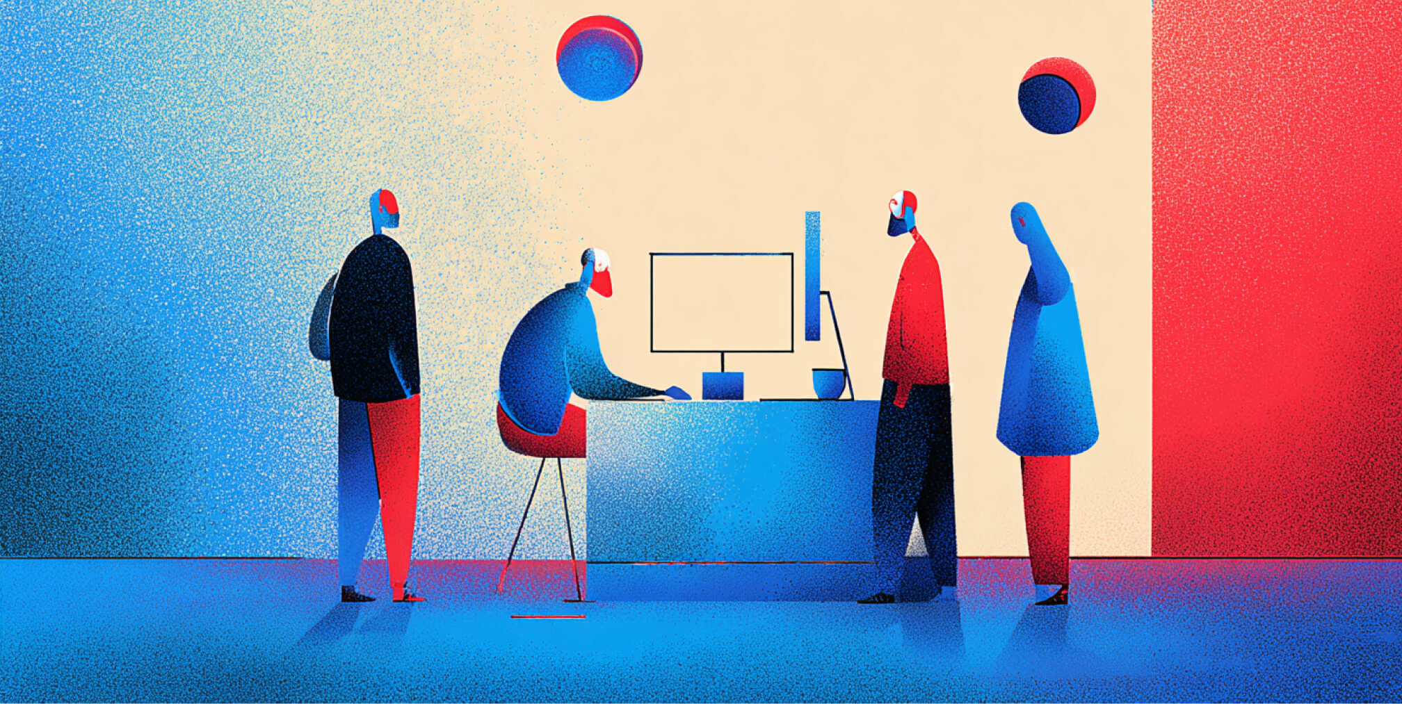 Group of users interacting around a computer workstation, representing inclusive website design, user-centered experiences, accessibility considerations, and stakeholder collaboration in digital projects.