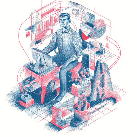 Entrepreneur surrounded by dashboards, business tools, and analytics, illustrating founder-led innovation, business planning, and data-driven startup growth.