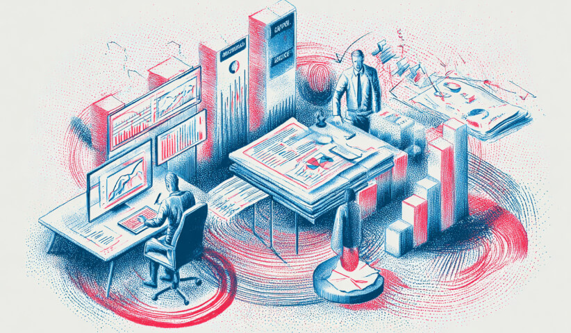 Analysts reviewing reports, charts, and performance dashboards, illustrating venture capital due diligence, portfolio analysis, and investment decision-making processes.