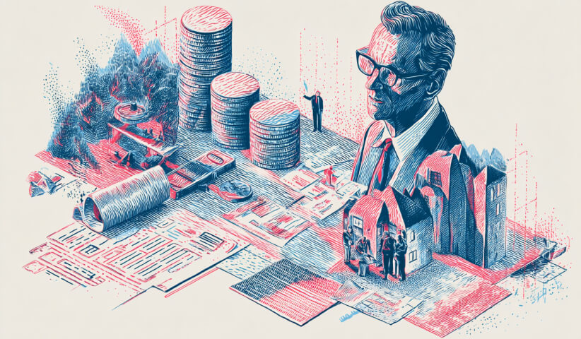 Investor portrait surrounded by financial documents, assets, and business ventures, symbolizing capital allocation, portfolio diversification, and long-term wealth creation.