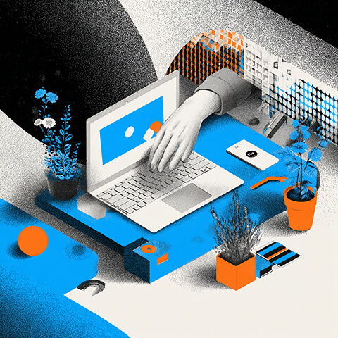 Hand interacting with a laptop interface surrounded by digital elements, symbolizing website functionality, user interaction, and intuitive online experiences.