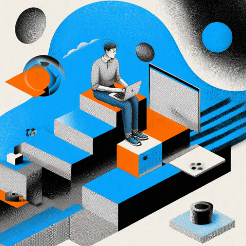 Individual working on a laptop while ascending geometric platforms, illustrating the step-by-step process of building a website that supports business growth and digital success.