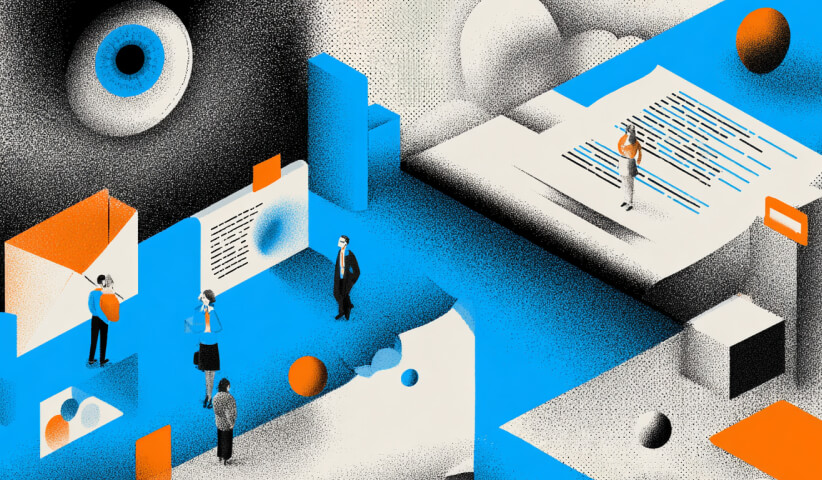 Users exploring digital content and interface layouts within an abstract environment, representing website engagement, accessibility, and effective information architecture.