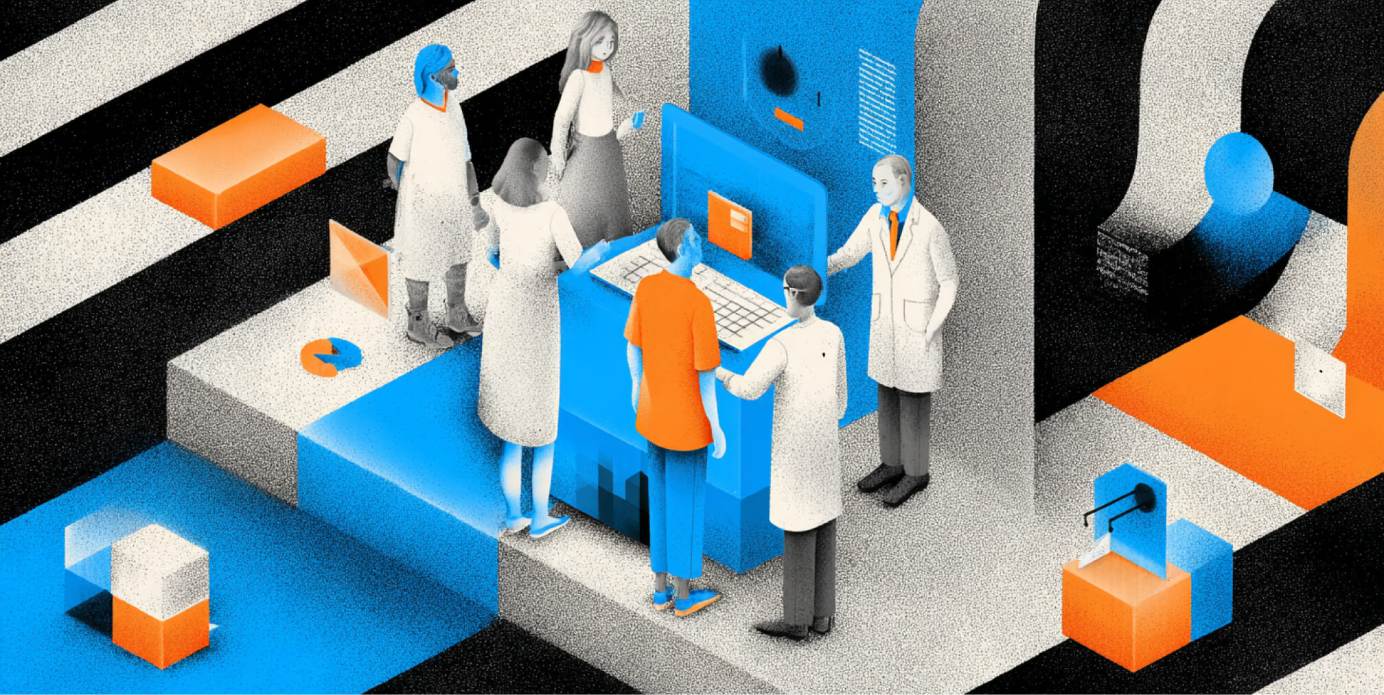 Healthcare professionals and users gathered around a digital platform, illustrating user-centered website design, accessibility, trust-building, and industry-specific digital experiences.