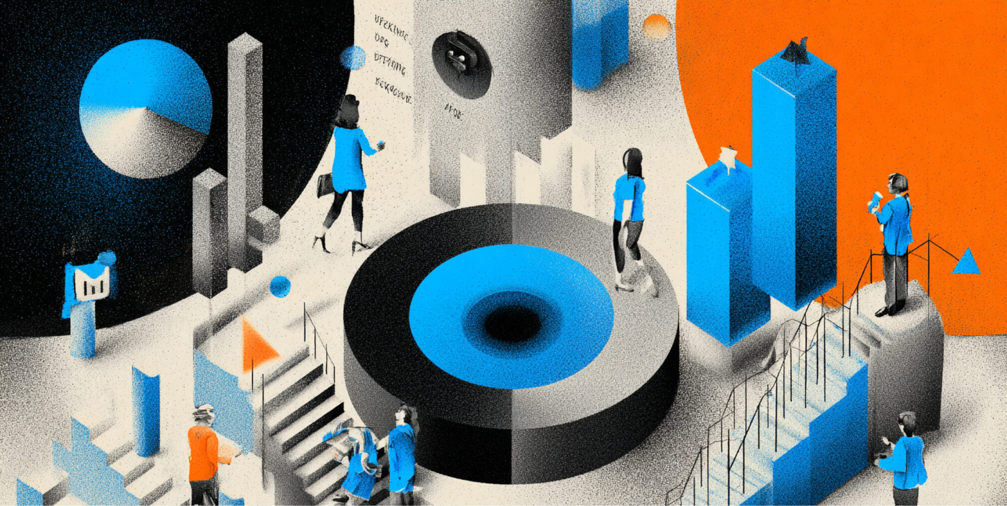 Business professionals navigating charts, analytics, and strategic pathways around a central data hub, symbolizing website performance measurement, optimization, and long-term digital growth planning.