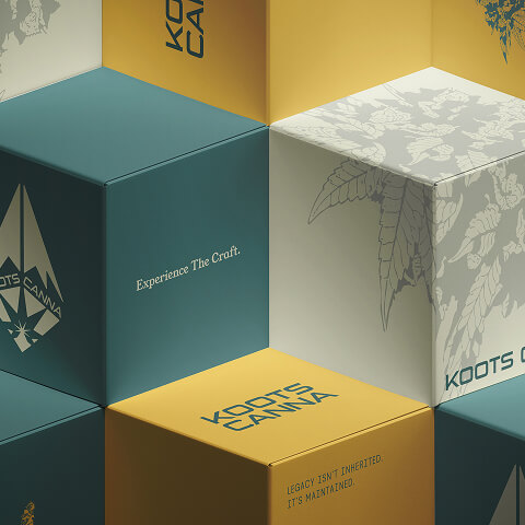 Premium cannabis packaging boxes arranged in a geometric display, showcasing custom packaging design that reinforces brand identity and product positioning.
