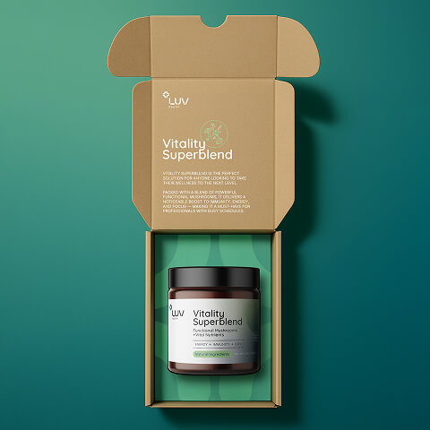 Wellness supplement product presented inside custom branded packaging, highlighting the importance of unboxing experiences and premium product presentation.