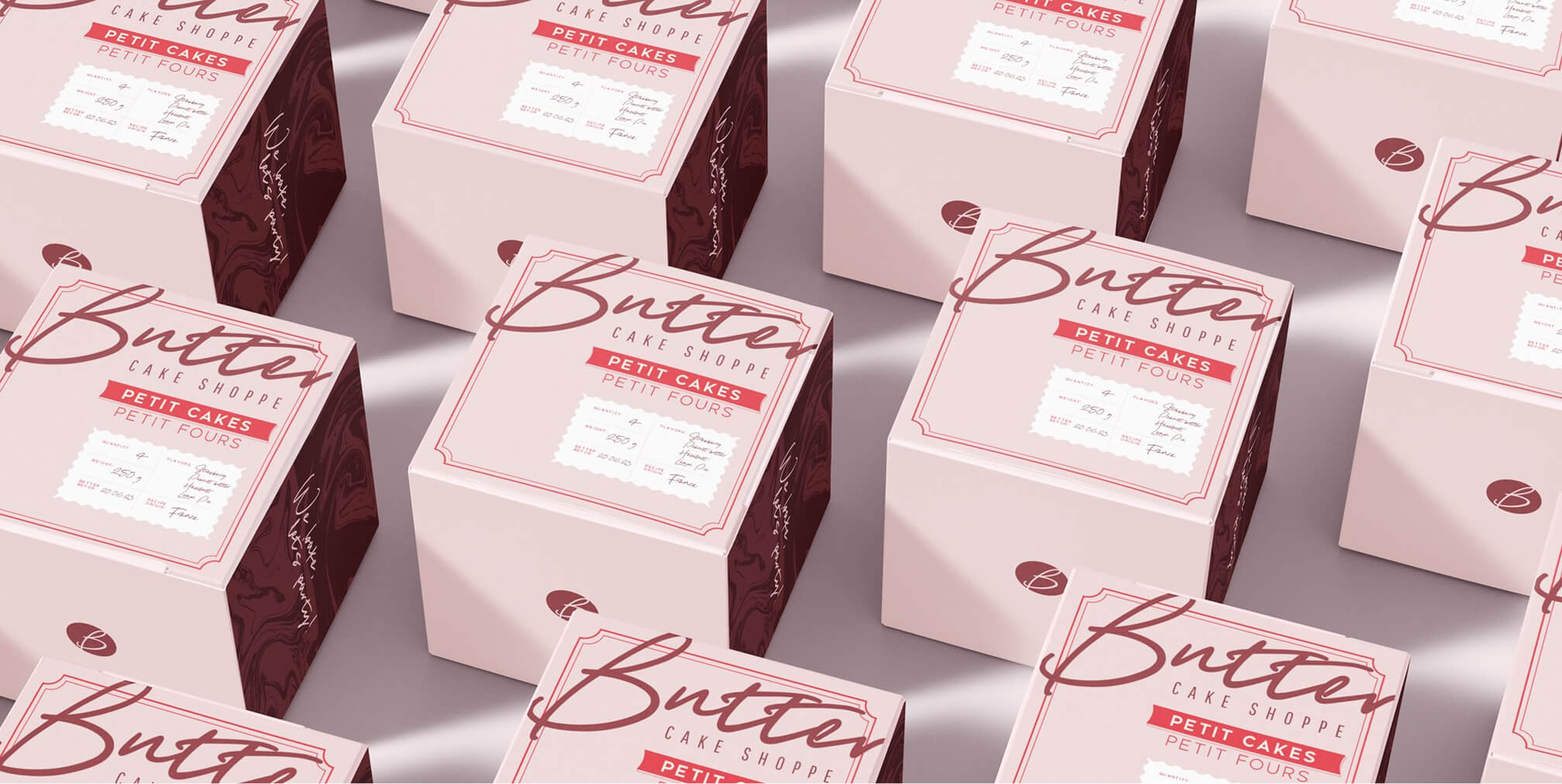 Branded bakery packaging displayed in a repeating pattern, illustrating consistent packaging systems that improve brand visibility and customer recall.