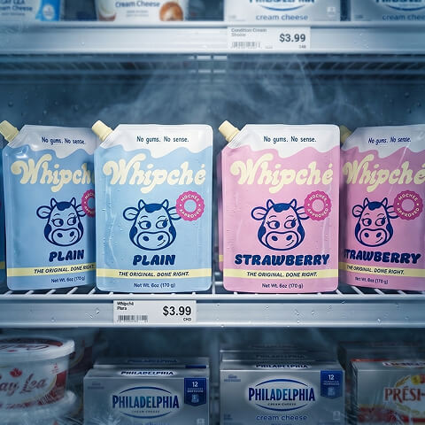 Whipché product pouches displayed on a refrigerated retail shelf, demonstrating packaging design that enhances shelf visibility, brand recognition, and purchase appeal.