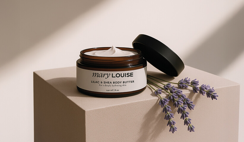 Premium body butter container styled with lavender accents, illustrating skincare packaging design that connects visual branding with product ingredients and sensory experiences.