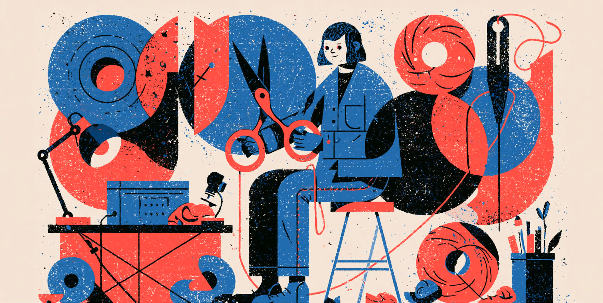 Editorial illustration of an artistic director surrounded by creative tools, design elements, and visual concepts, representing the leadership role behind shaping creative vision and artistic execution.