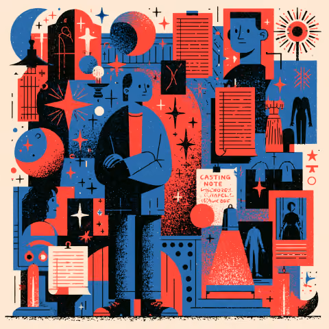 Conceptual collage of creative assets, production notes, and visual references, illustrating how artistic directors coordinate ideas, talent, and storytelling across projects.