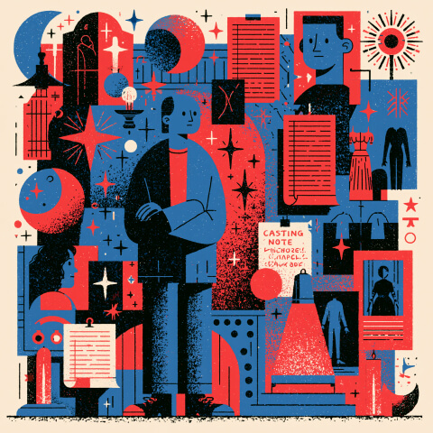 Conceptual collage of creative assets, production notes, and visual references, illustrating how artistic directors coordinate ideas, talent, and storytelling across projects.