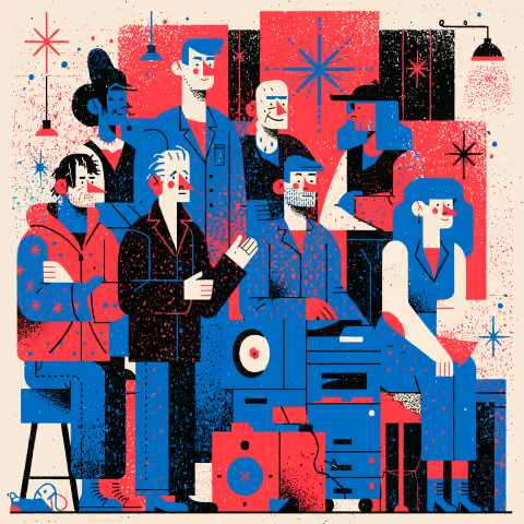 Diverse creative team gathered around production equipment and design resources, representing collaboration between artistic directors, designers, photographers, and creative professionals.