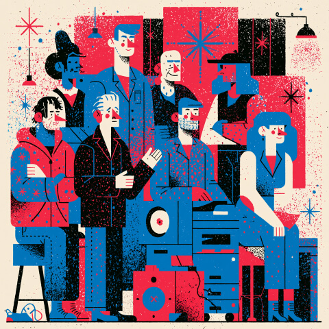 Diverse creative team gathered around production equipment and design resources, representing collaboration between artistic directors, designers, photographers, and creative professionals.