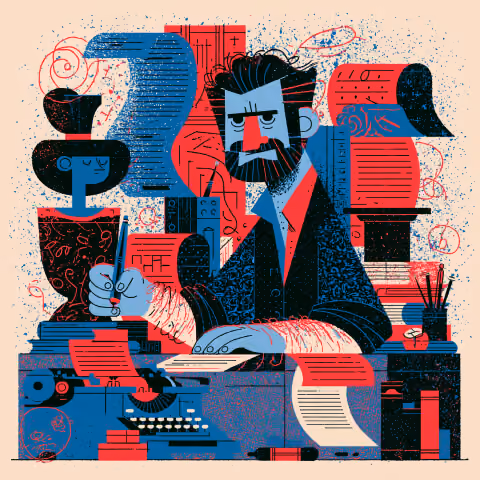 Stylized portrait of a creator working at a desk filled with manuscripts and design materials, symbolizing the strategic planning and creative decision-making involved in artistic direction.