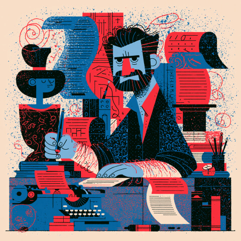 Stylized portrait of a creator working at a desk filled with manuscripts and design materials, symbolizing the strategic planning and creative decision-making involved in artistic direction.