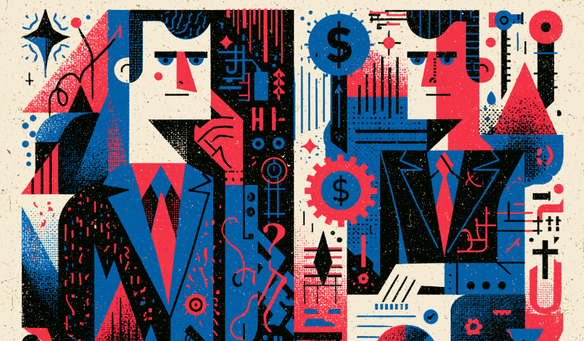 Editorial illustration featuring business leaders, financial symbols, and creative elements, highlighting the balance artistic directors maintain between creativity, strategy, and commercial objectives.